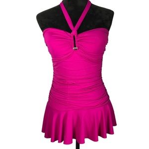 Chaps Barbie Pink One Piece Swimsuit Dress Skirt Halter Ruched Size 12